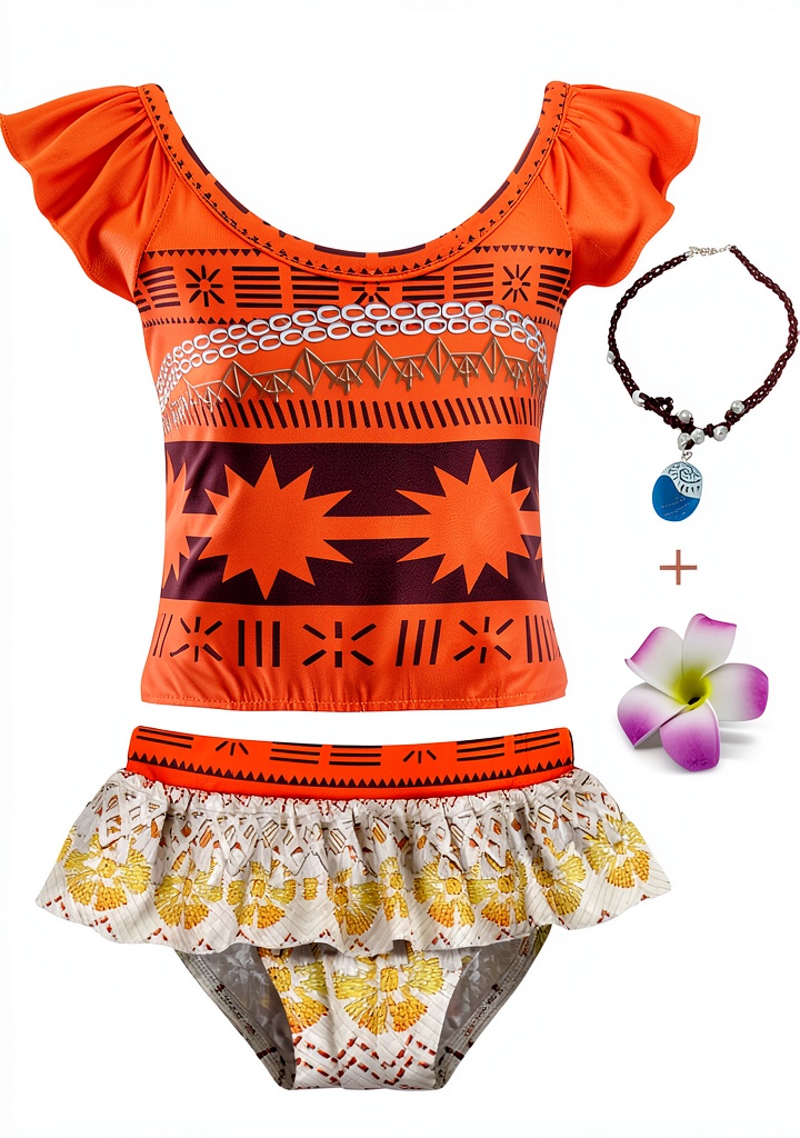 Real‑life scenario of a 4‑year‑old wearing the girls orange tankini swimsuit on a sunny beach, standing next to a sand‑filled bucket