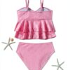 Girls Tankini Swimsuit Soft Fabric Ruffled Design Blue Pink-1