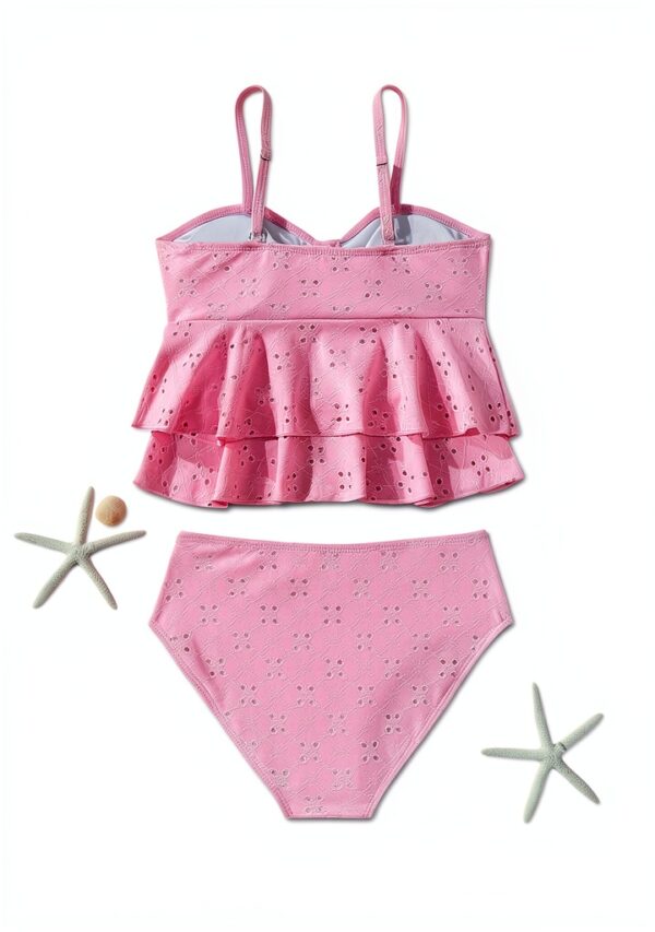 Girls Tankini Swimsuit Soft Fabric Ruffled Design Blue Pink-1