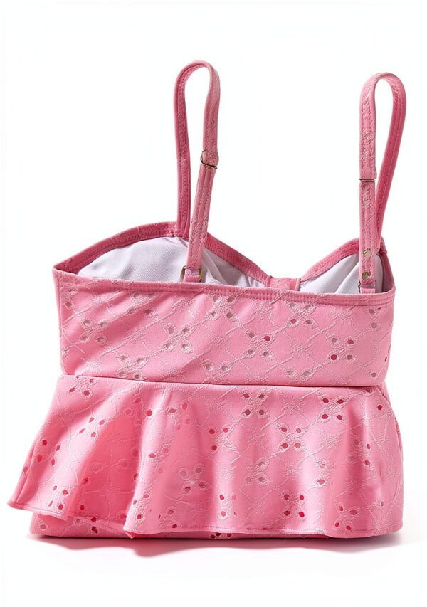 Girls Tankini Swimsuit Soft Fabric Ruffled Design Blue Pink-4