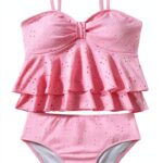 Girls Tankini Swimsuit Soft Fabric Ruffled Design Blue Pink-0