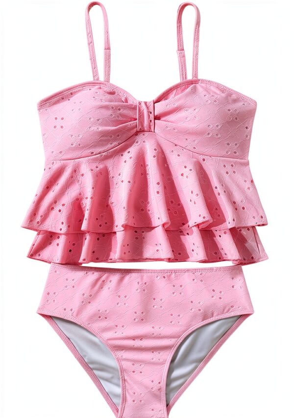 Girls Tankini Swimsuit Soft Fabric Ruffled Design Blue Pink-0