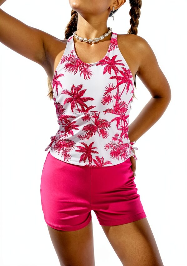 Girls Tankini Set Tropical Print Swimwear Royal Blue Pink-3